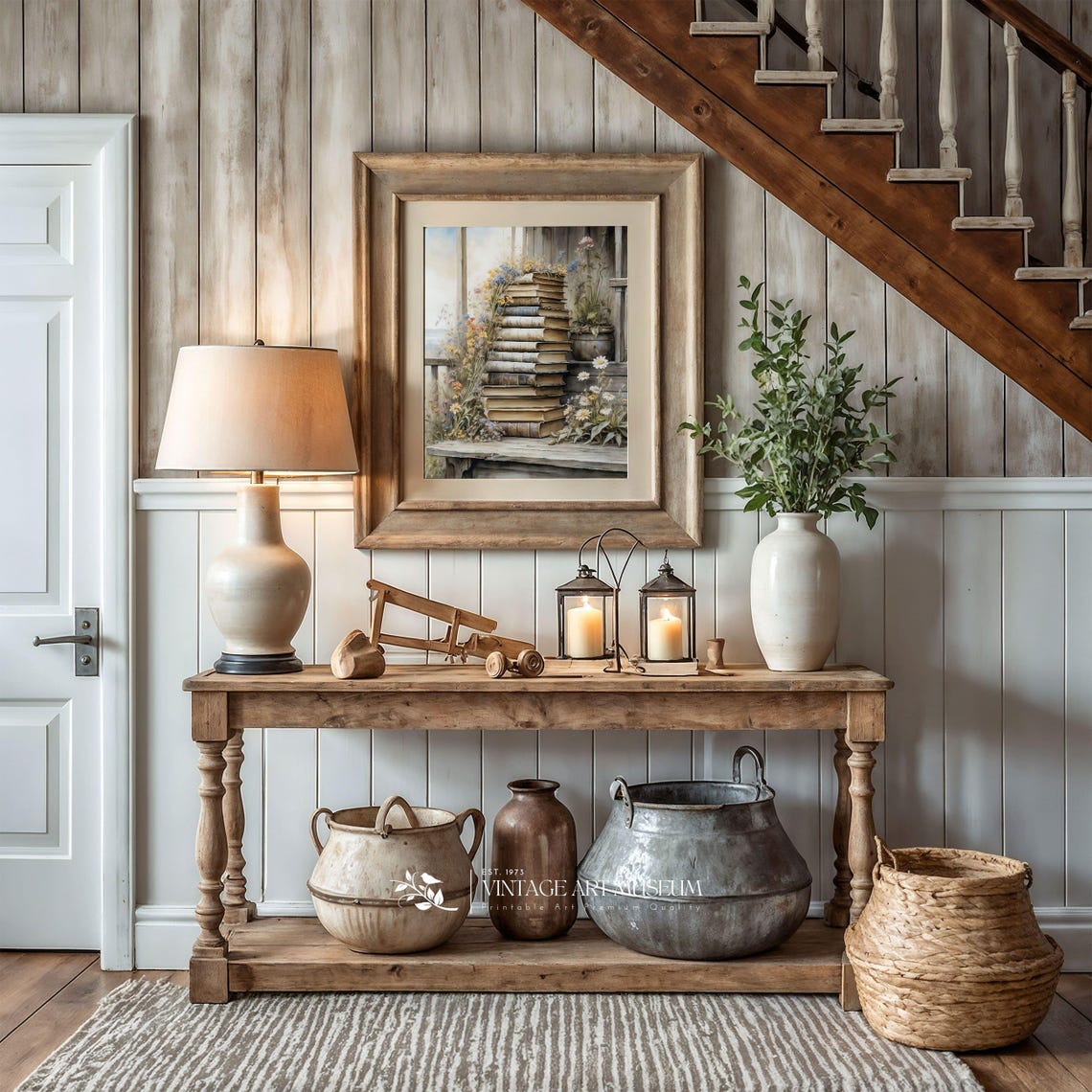 Stack of Antique Books with Wildflowers Watercolor Library Wall Art - Image 2