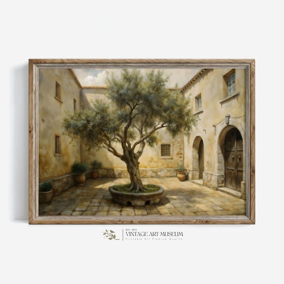 Italian Courtyard With Olive Tree Print Warm Moody Wall Art Vintage Style Oil Painting Cottagecore Decor 268