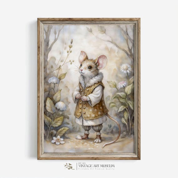 Cute Little Mouse In Blooming Forest Nursery Animal Watercolor Vintage Wall Art Warm Tones Original Artwork 583