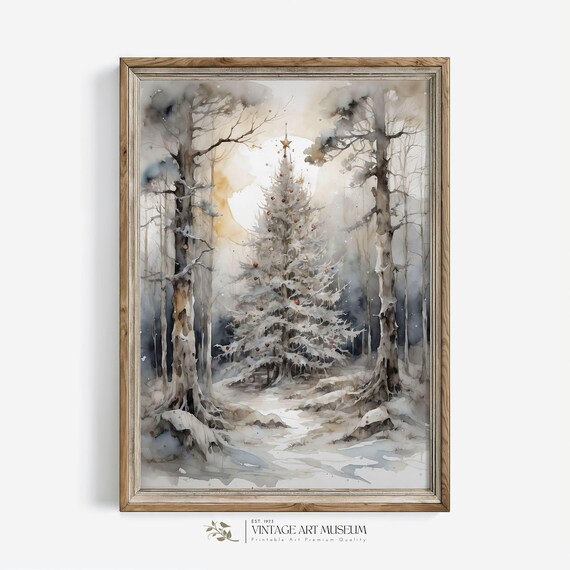 Frosty Forest Christmas Tree Vintage Watercolor Art Print