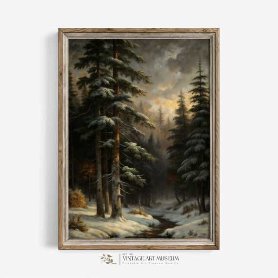 Dark Moody Snowy Pine Forest With Stream Golden Light Vintage Art Poster
