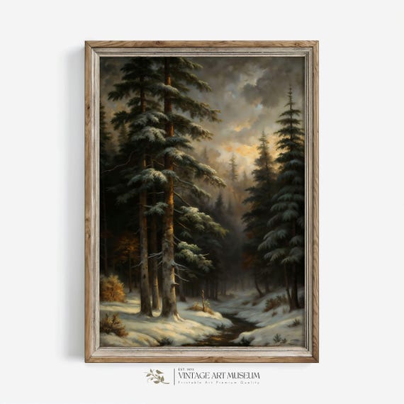 Silent Pine Snowy Forest Rustic Moody Winter Landscape Wall Art Vintage Style Painting Cottagecore Room Decor 508