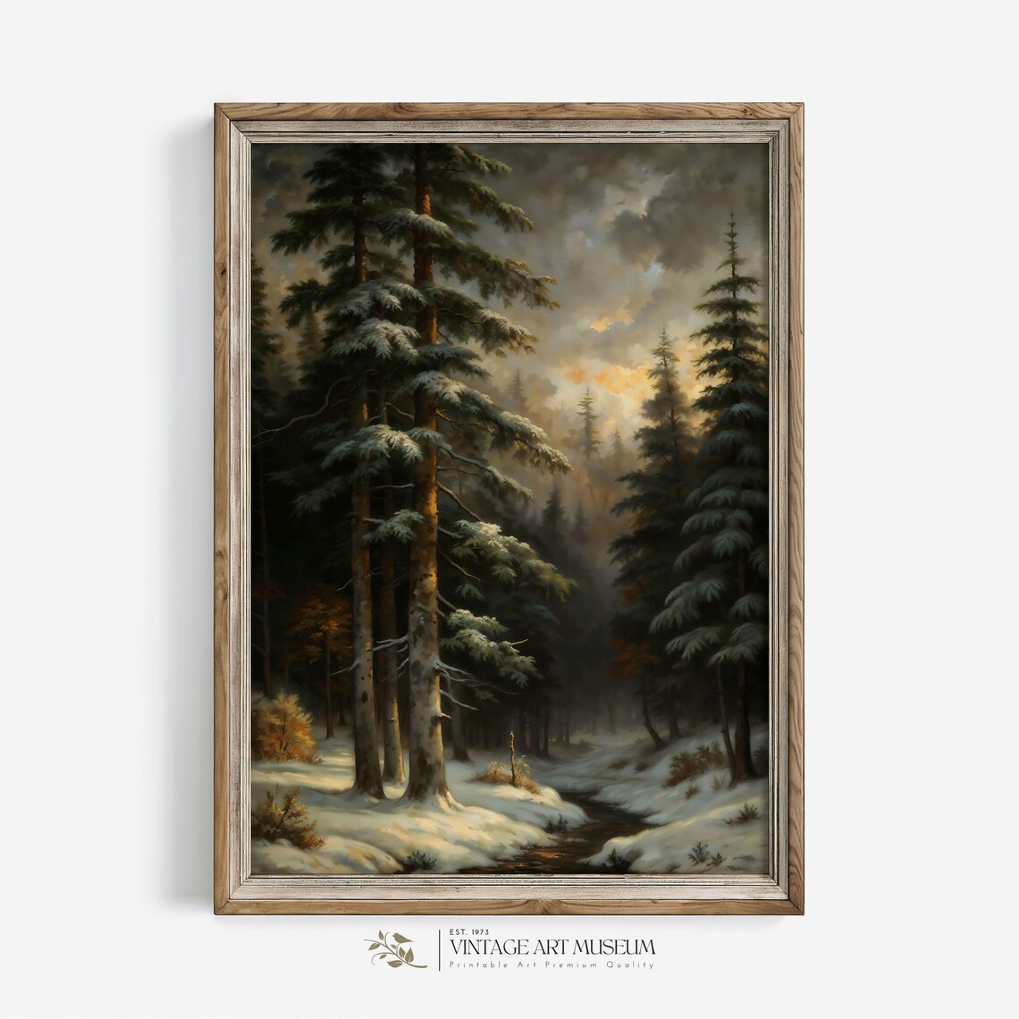 Dark Moody Snowy Pine Forest With Stream Golden Light Vintage Art Poster