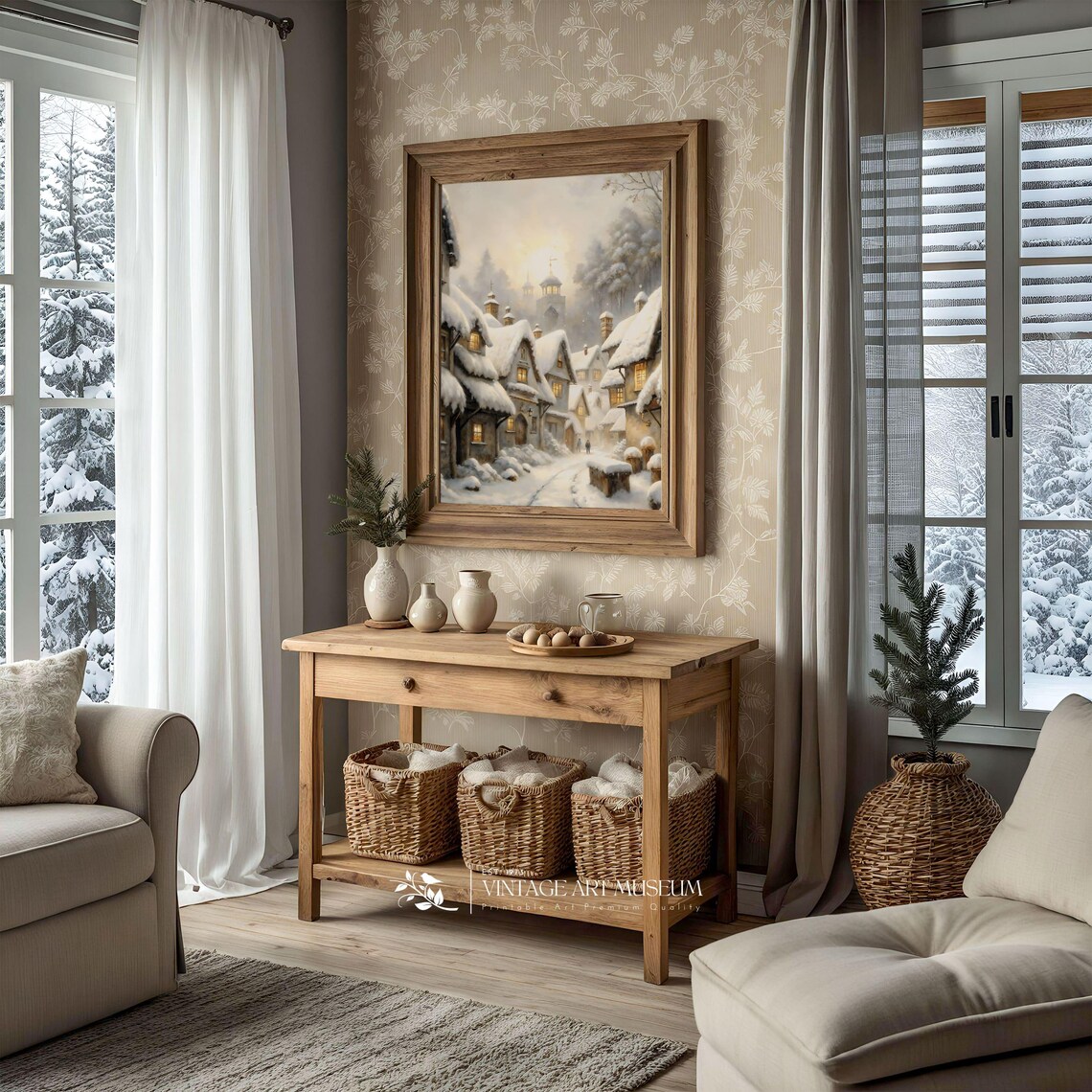 Snowy European Village Street at Dusk With Glowing Windows Poster - Image 2