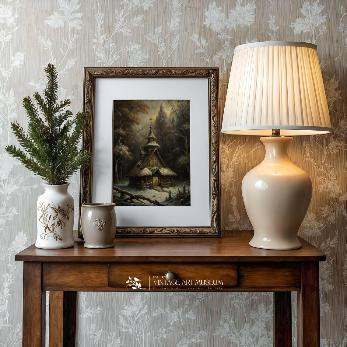 Dark Wooden Church In Snowy Autumn Forest Moody Vintage Painting Poster - Image 3