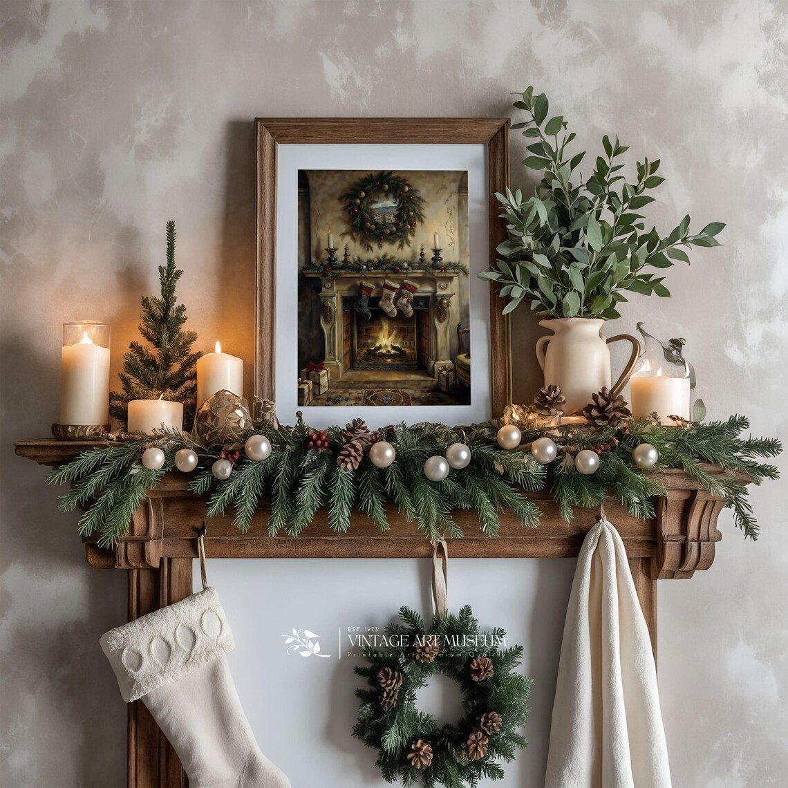 Fireplace Christmas Interior, Vintage Holiday Art Print - Image 2
