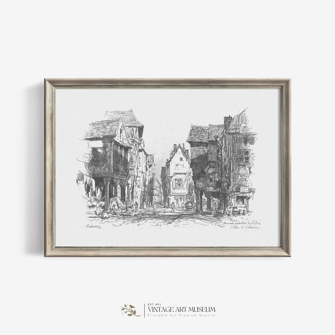 Old Quarter of Vitré France Antique Pen and Ink Street Sketch Print
