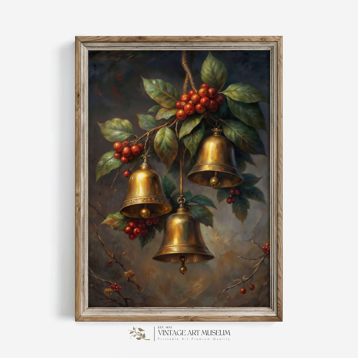 Three Golden Bells With Red Berries and Green Leaves Still Life Poster
