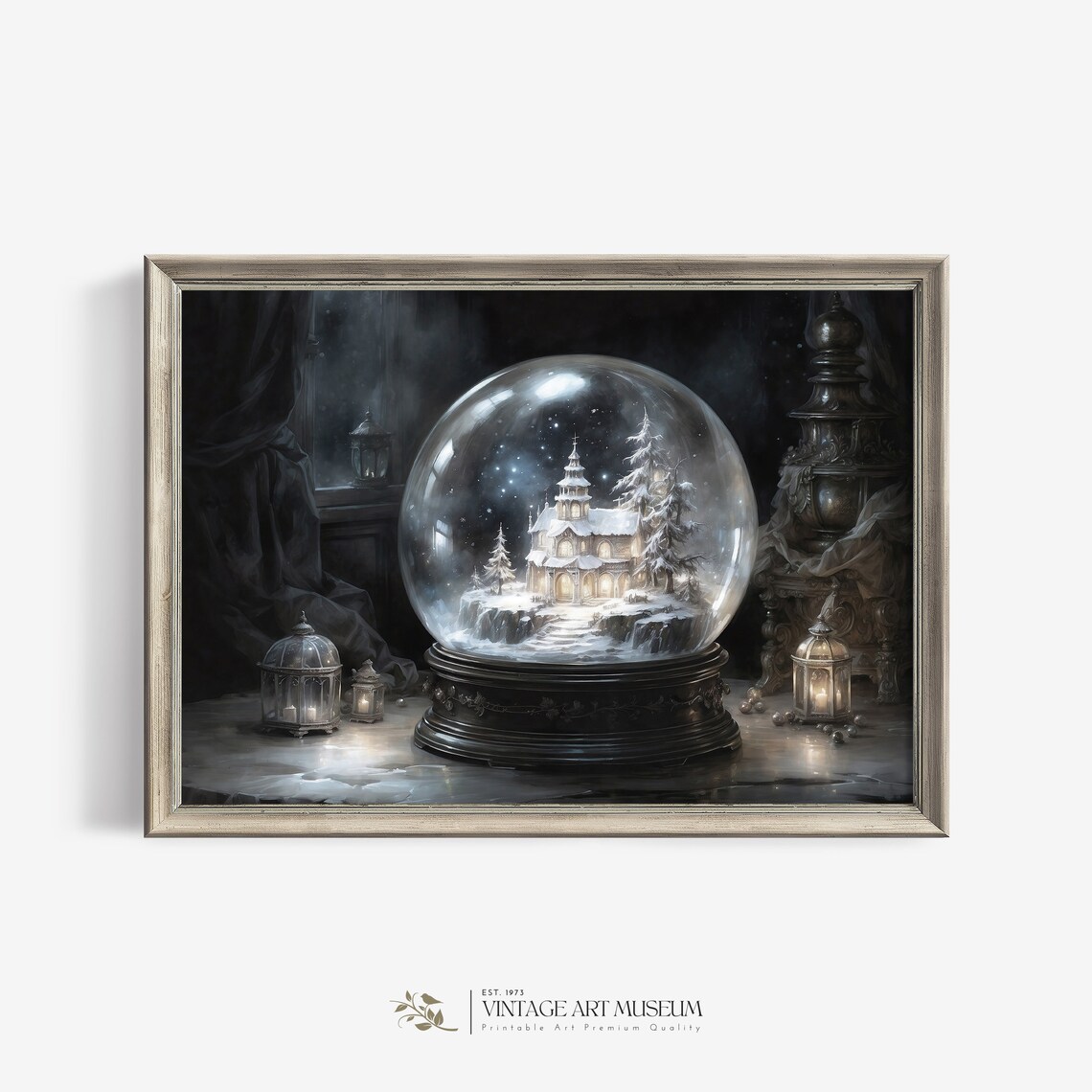 Victorian Glowing Snow Globe, Dark Academia Watercolor Art Print