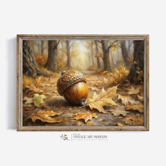 Giant Acorn on Autumn Forest Floor With Golden Oak Leaves Poster