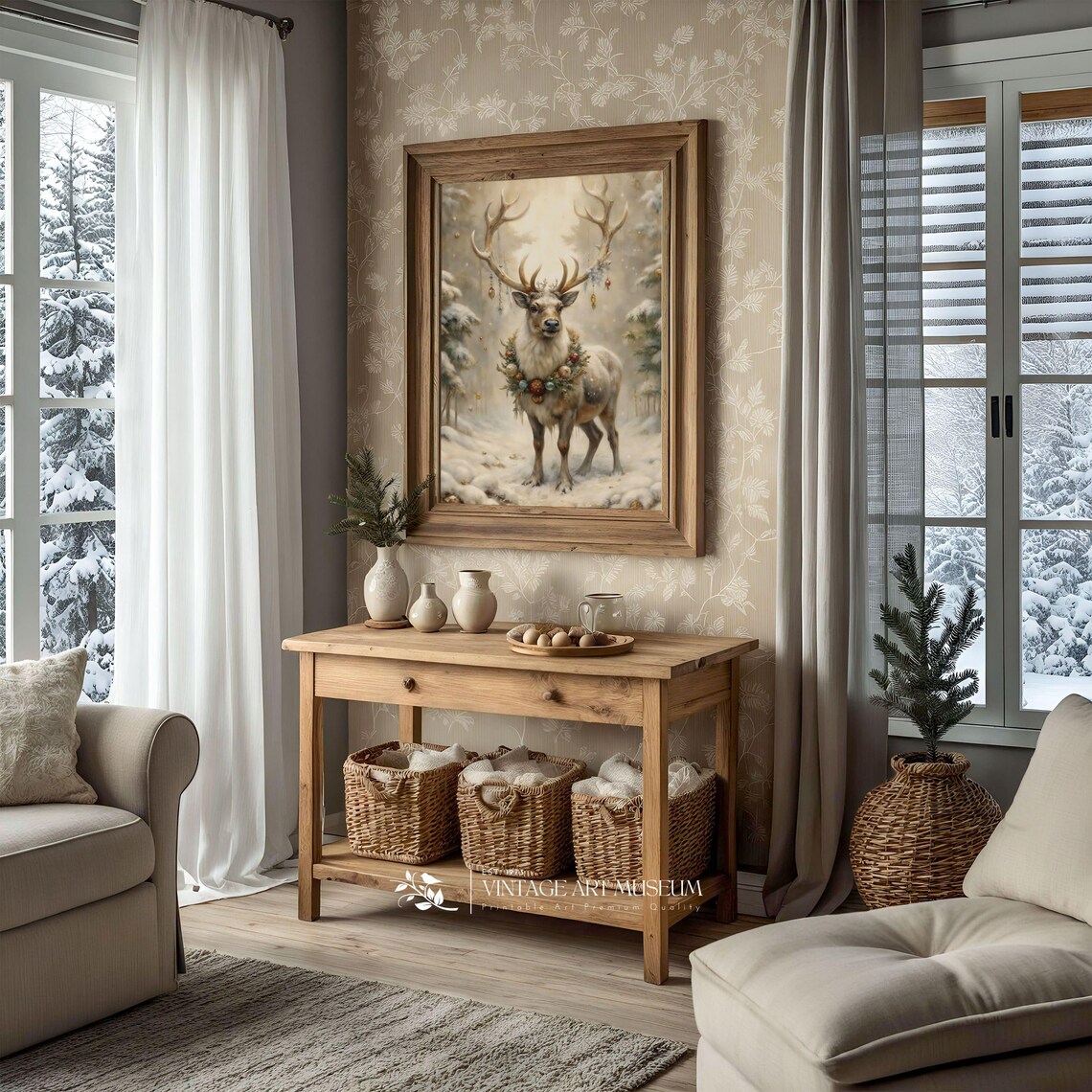 Noble Reindeer Winter Print, Vintage Holiday Decor