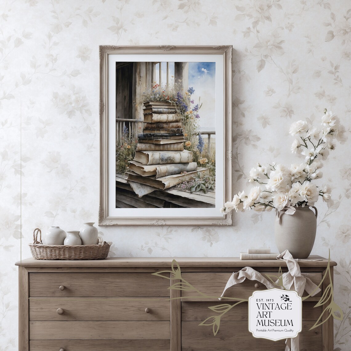 Stack Of Old Books With Wildflowers Watercolor Art Print