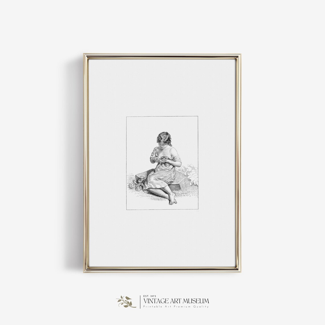 Little Girl with Flowers Vintage Pencil Drawing Sketch Wall Art - Image 2