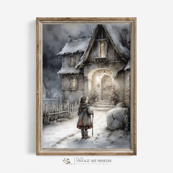 Moody Winter Watercolor Snowy Cottage Little Girl Portrait Print