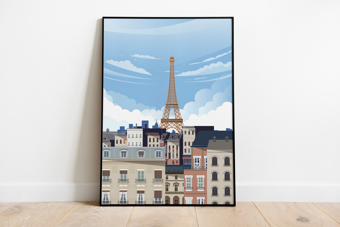 Paris France Eiffel Tower Rooftops Skyline Illustration Travel Poster