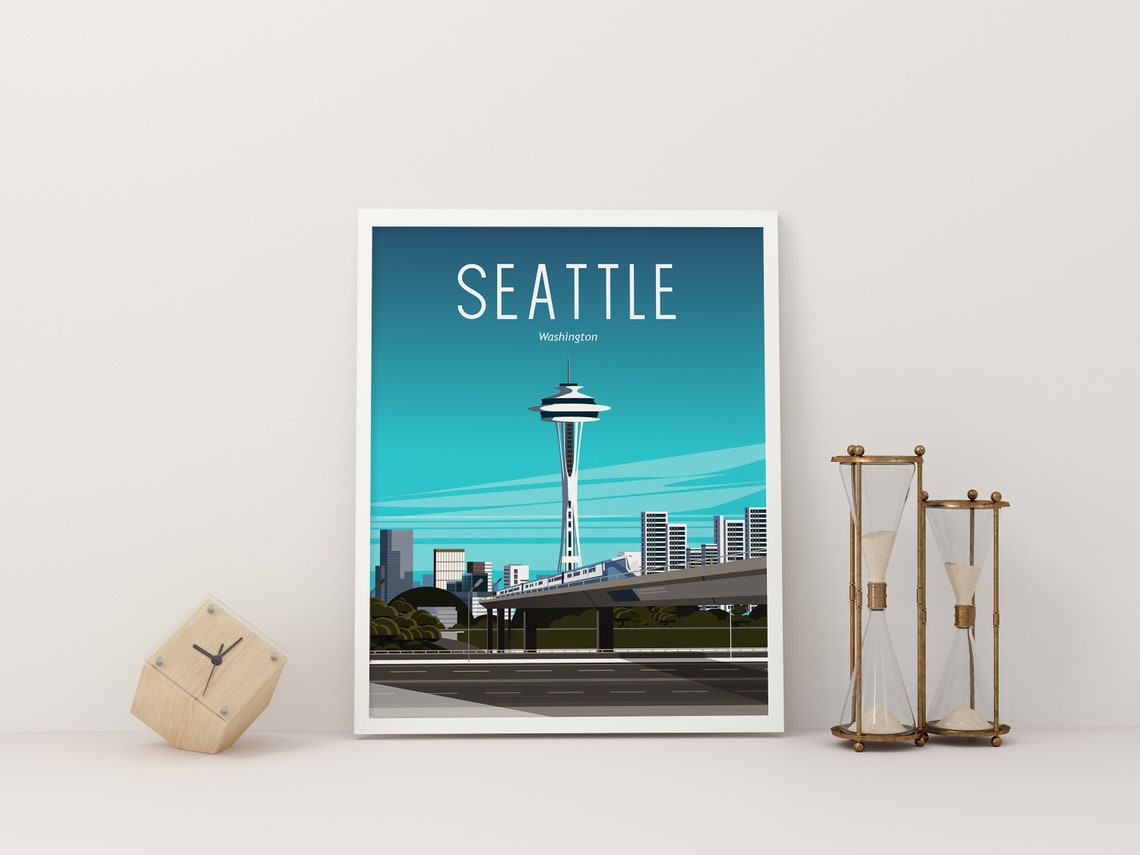 Seattle Washington Travel Poster Space Needle Monorail City Art - Image 2