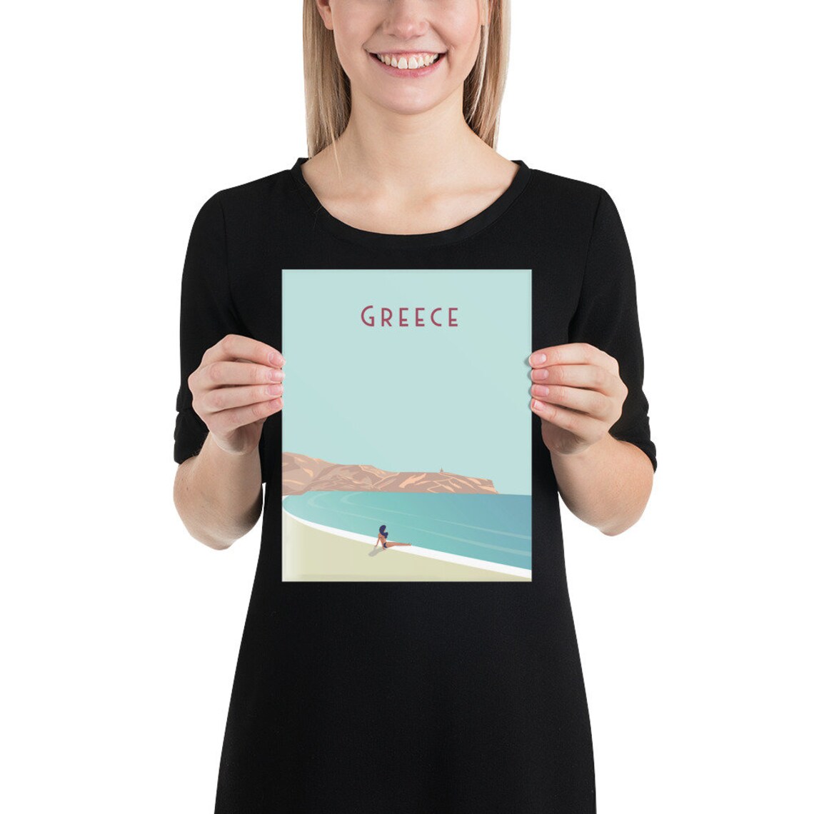 Greece Travel Poster Minimal Beach Scene Woman by the Sea Art - Image 2