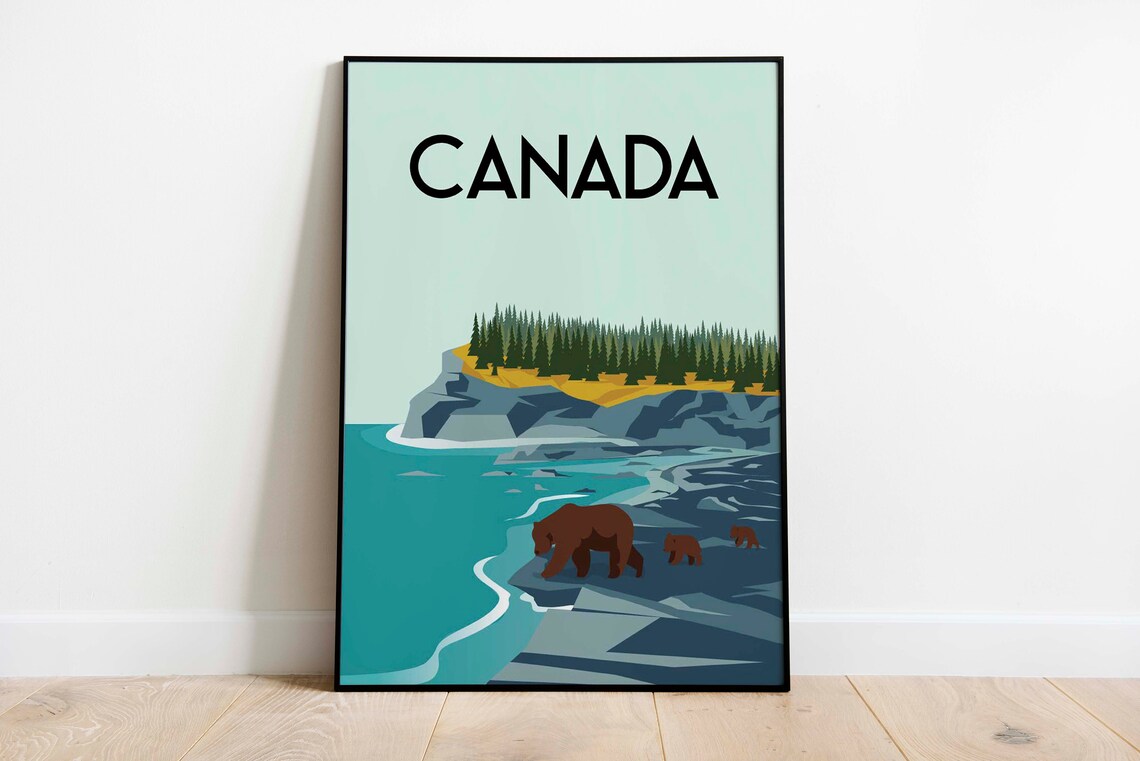 Canada Grizzly Bears Rocky Shore Lake Wildlife Nature Poster