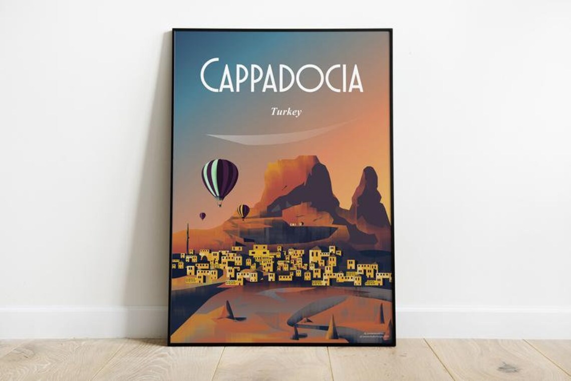 Cappadocia Turkey Hot Air Balloons Cave Town Sunrise Travel Poster