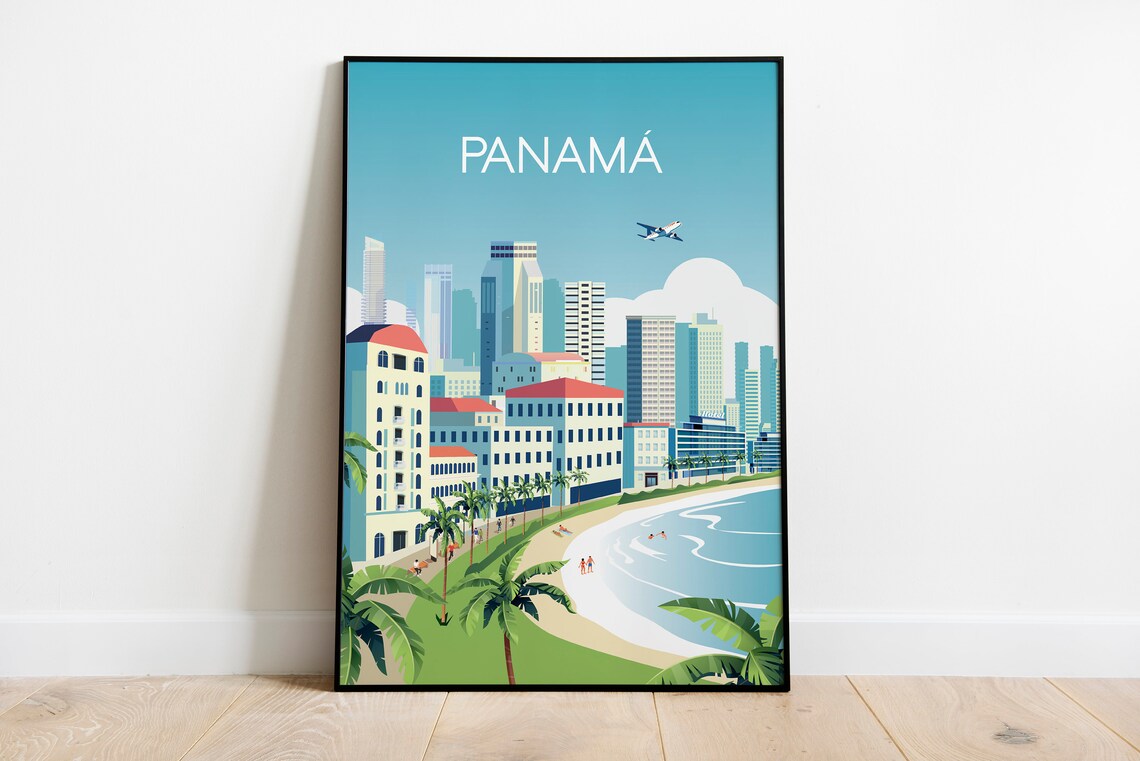 Panama City Travel Poster Skyline Bay Beach Modern Style Art