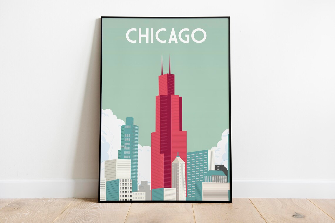 Chicago Skyline Red Skyscraper Mint Sky Vintage Travel Poster