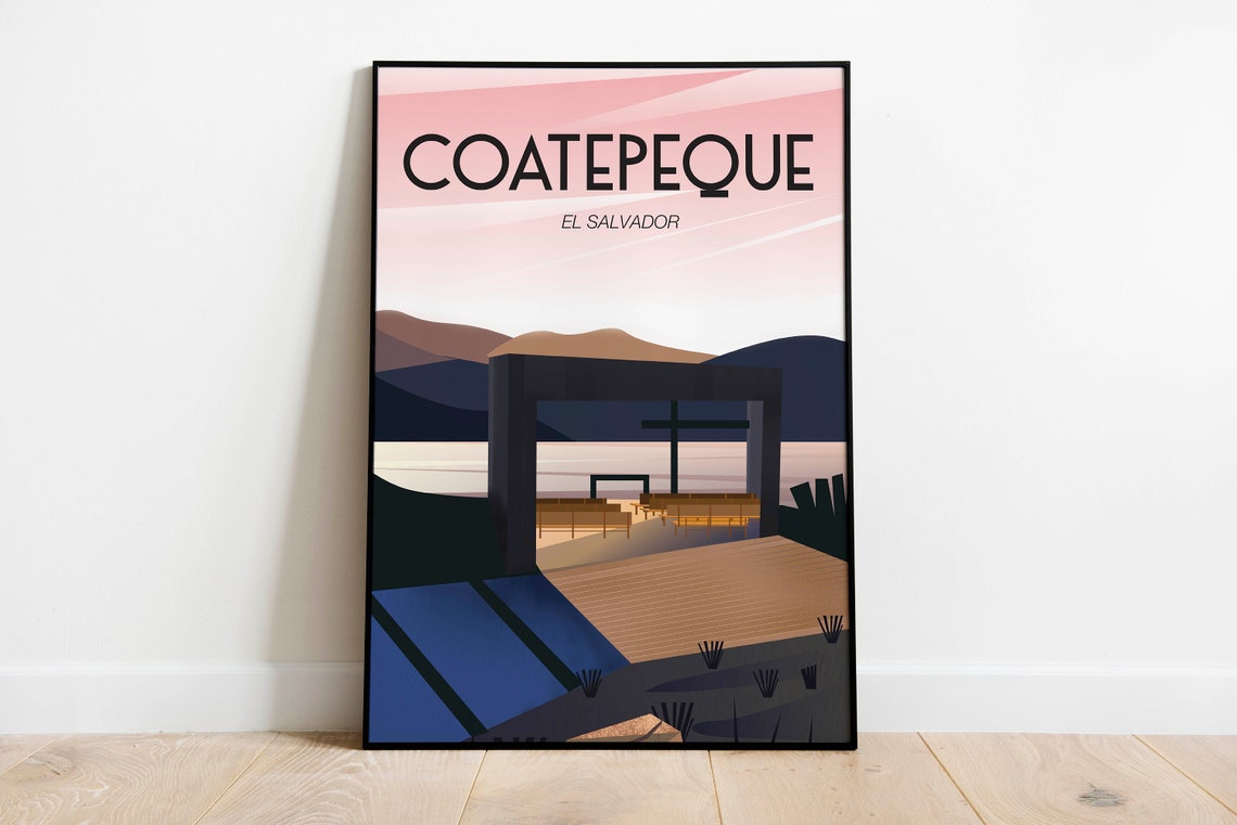 Coatepeque El Salvador Lake View Sunset Pier Retro Travel Poster