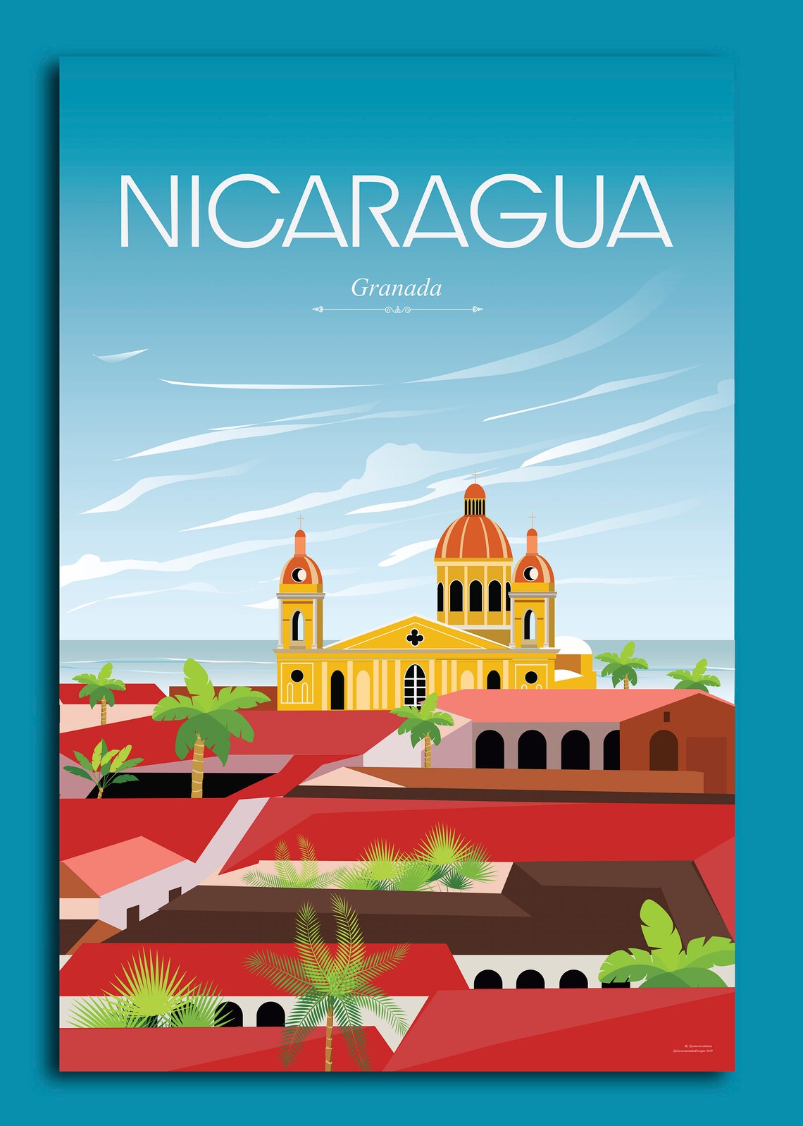 Nicaragua Granada Cathedral Red Roofs Palms Vintage Travel Poster - Image 2