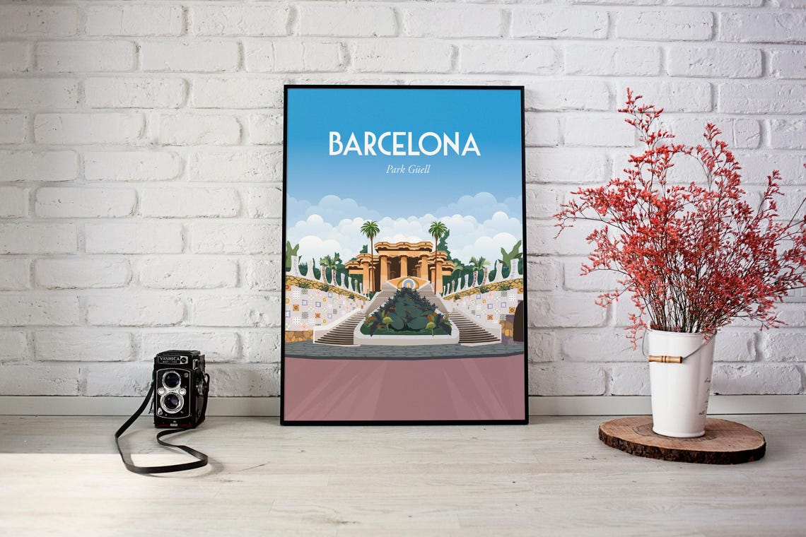 Barcelona Park Guell Mosaic Staircase Gaudi Spain Travel Art Poster - Image 2