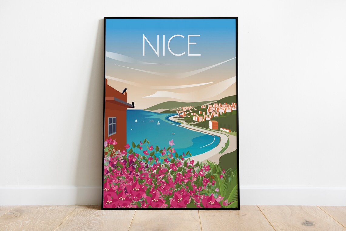 Nice France Travel Poster Mediterranean Bay Flowers Coast Scene