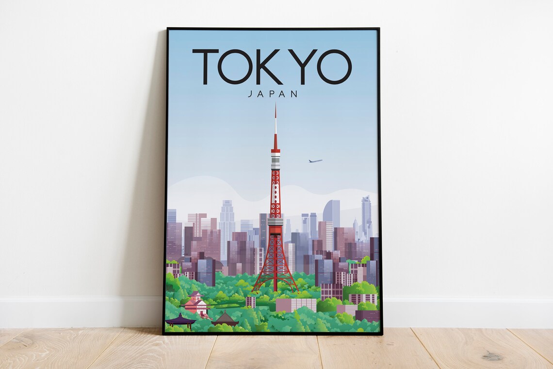 Tokyo Japan Travel Poster Tokyo Tower Skyline Retro Illustration