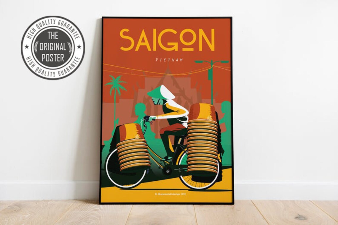 Saigon Vietnam Travel Poster Woman With Bicycle Baskets Retro