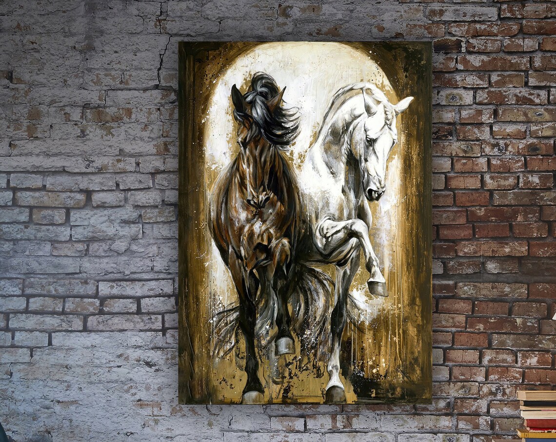 Two Horses Rearing Dark White Dramatic Equine Painting Golden Wall Art