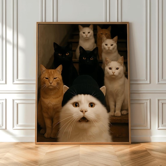 Six Funny Cats Group Portrait Front Cat In Black Beanie Poster