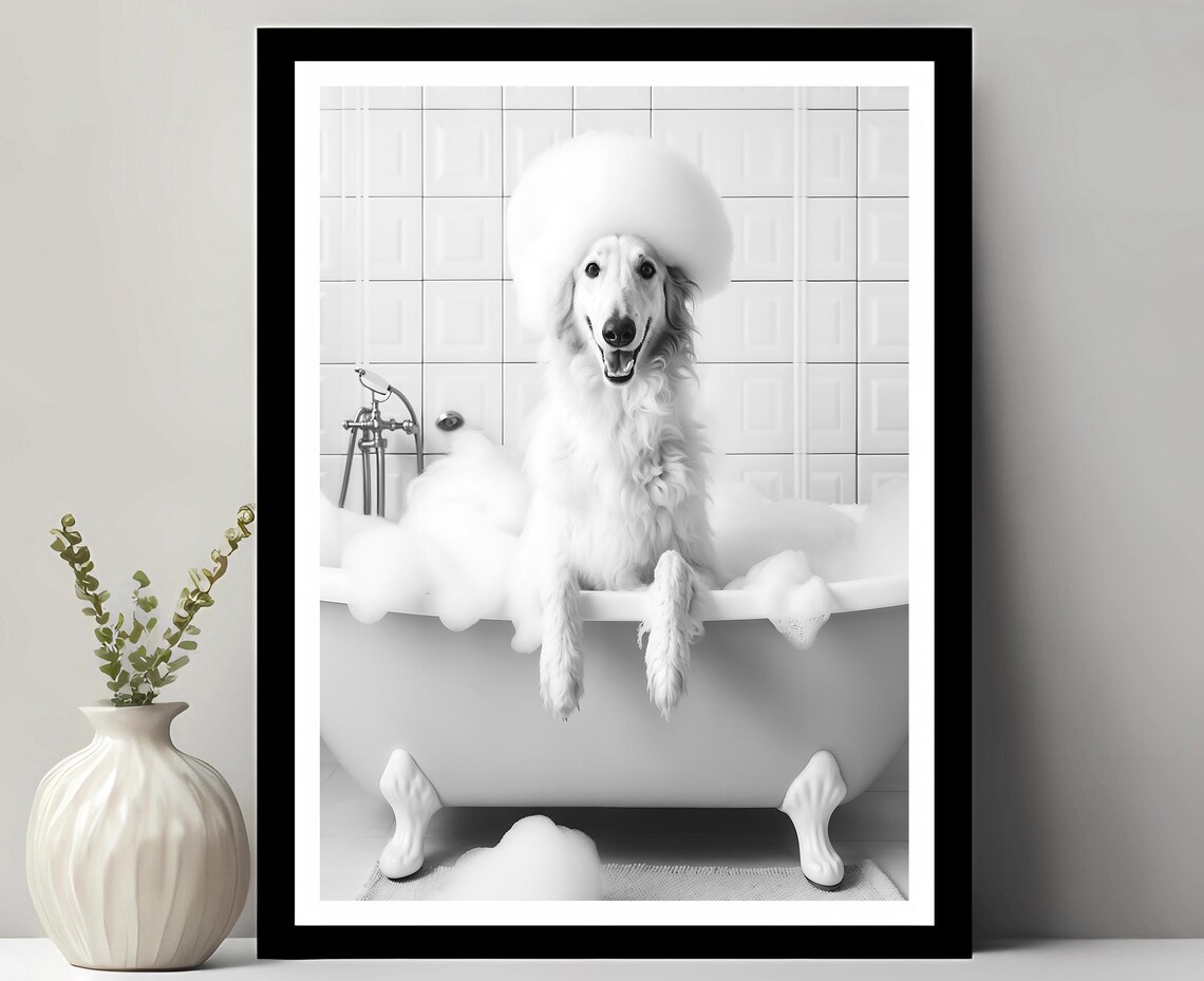 Borzoi Wall Art Funny Bathroom Decor Pet Portrait Petshop Dog Gift In Bubble Bath