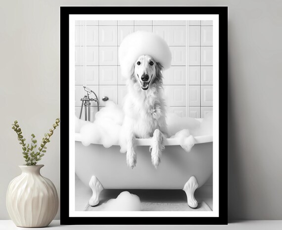 Borzoi Wall Art Funny Bathroom Decor Pet Portrait Petshop Dog Gift In Bubble Bath