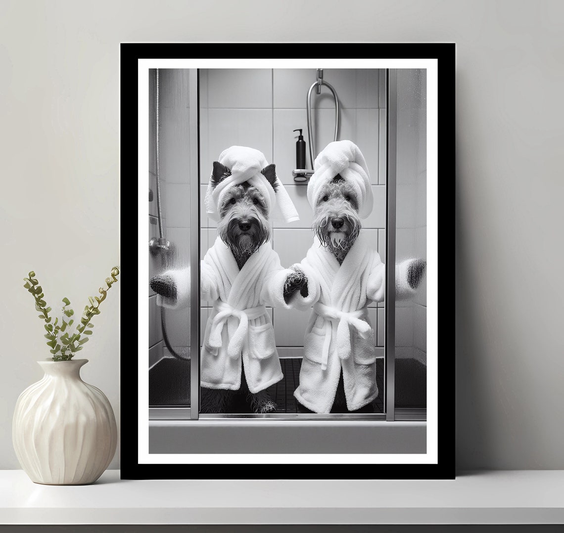 Two Schnauzers in Bathrobes Spa Day Funny Dog Bathroom Wall Poster