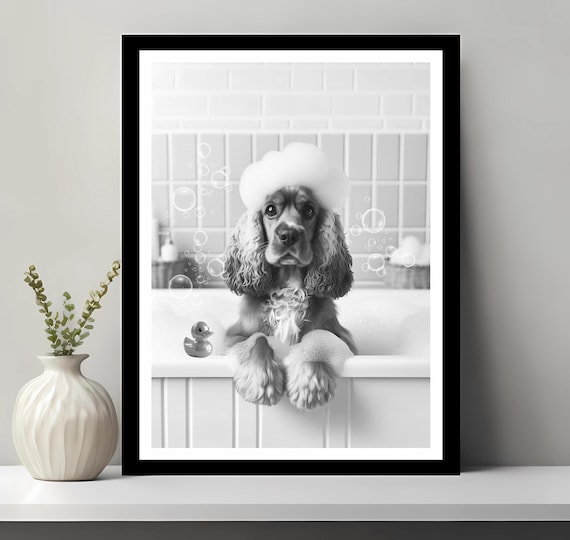 Cocker Spaniel Wall Art Funny Bathroom Decor Pet Portrait Dog Gift In Bubble Bath