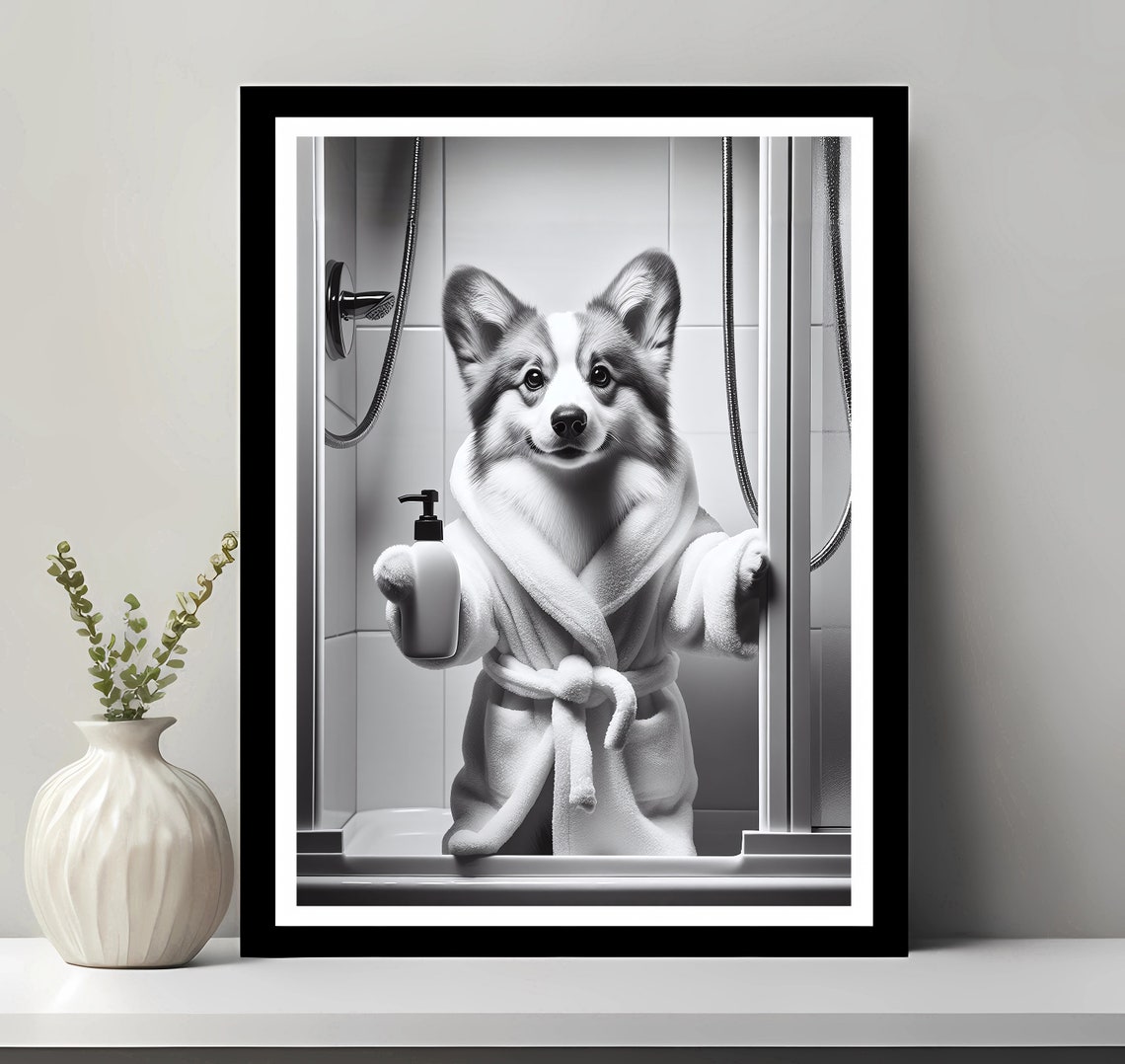 Pembroke Welsh Corgi in Bathrobe Holding Soap Funny Bathroom Poster