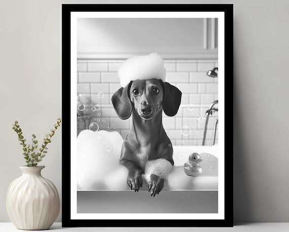 Dachshund Wall Art Funny Bathroom Decor Pet Portrait Petshop Dog Gift In Bubble Bath