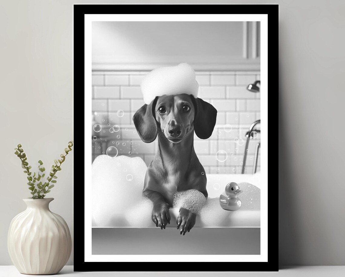 Dachshund Wall Art Funny Bathroom Decor Pet Portrait Petshop Dog Gift In Bubble Bath