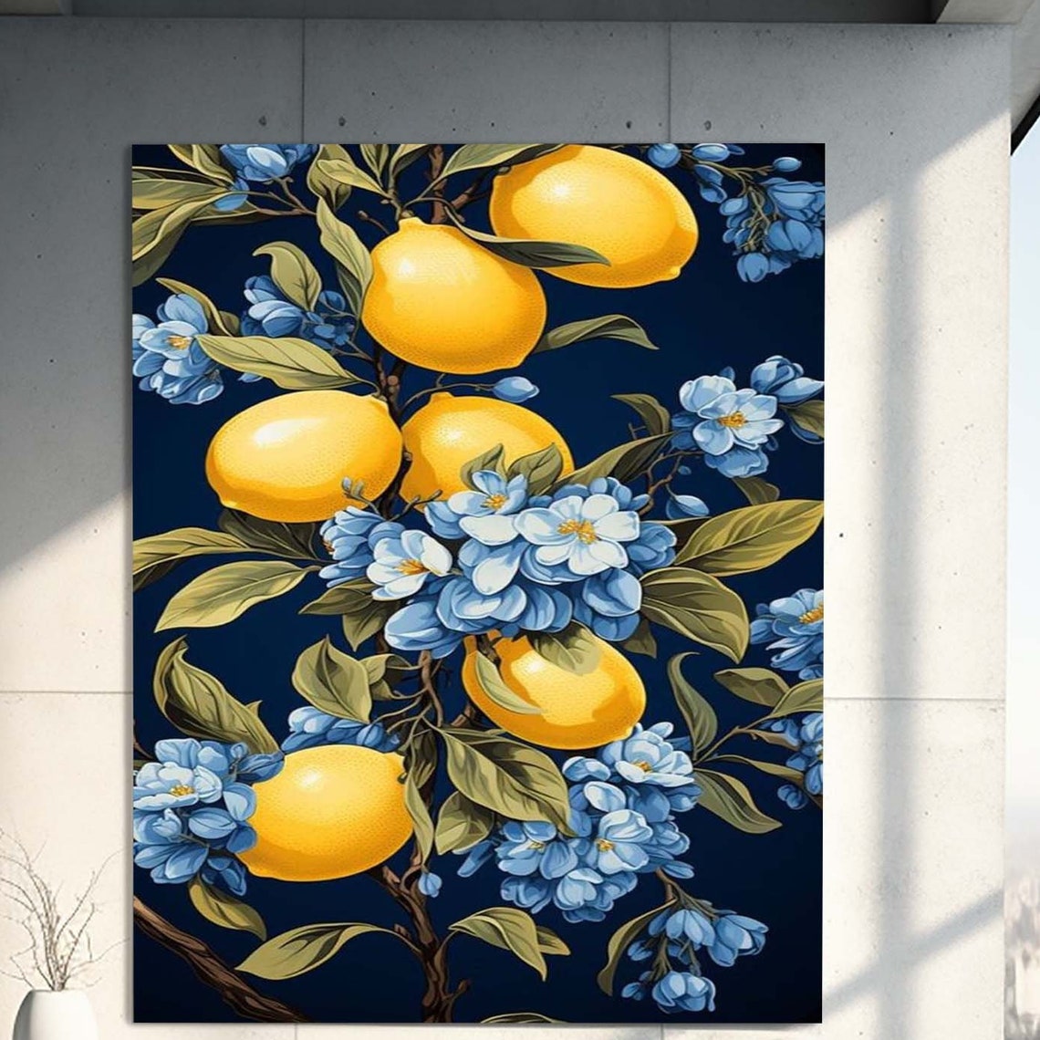 Yellow Lemons Blue Blossoms Navy Botanical Floral Art Wall Poster