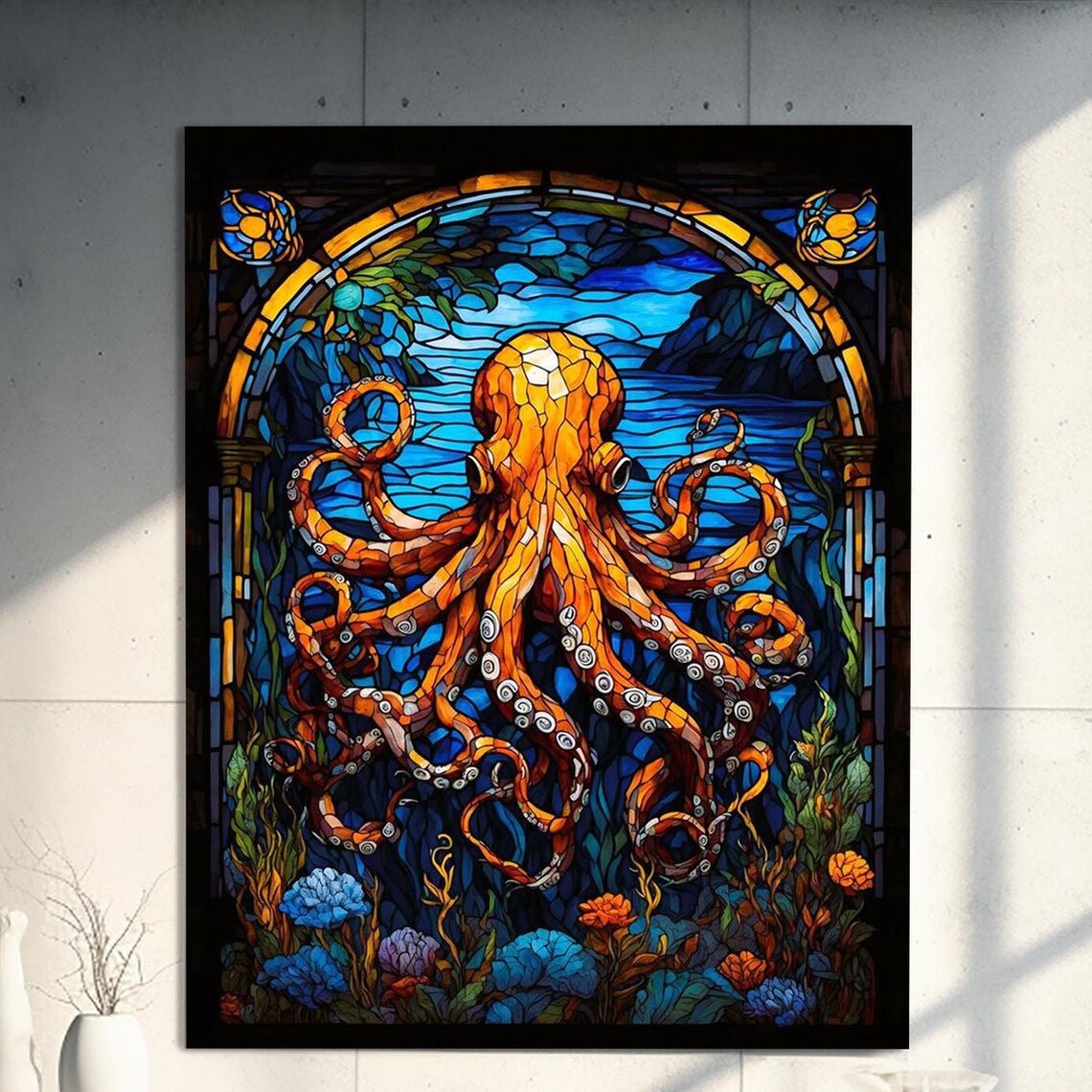 Orange Octopus Stained Glass Underwater Maximalist Gallery Poster - Image 3