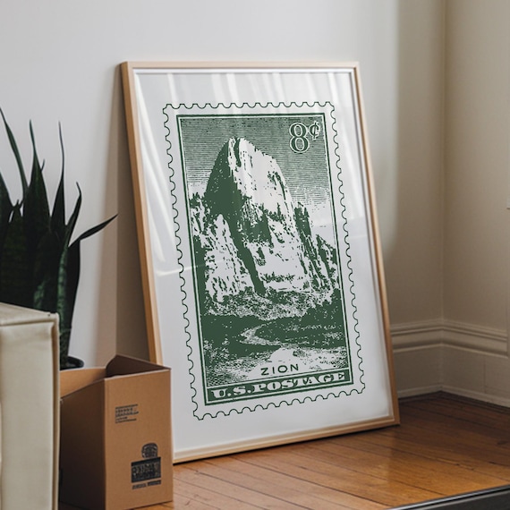 Zion National Park Vintage 8 Cent Postage Stamp Art Green Scenic Poster