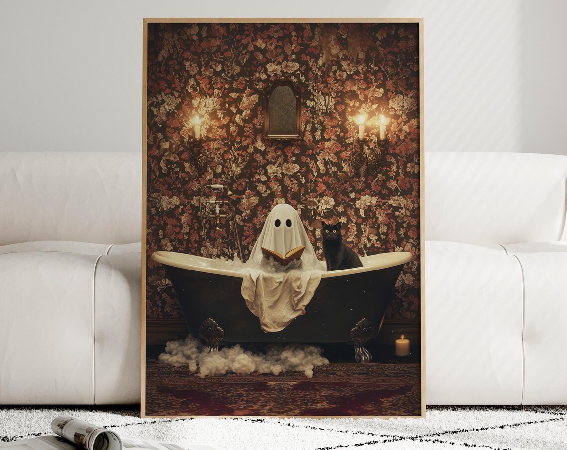 Ghost and Cat in Bathtub, Bathroom Gothic Art Print