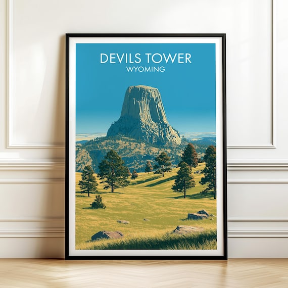 Devils Tower Wyoming Towering Rock Formation Prairie Travel Poster