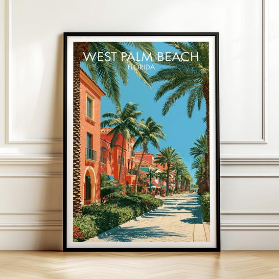 West Palm Beach Florida Poster Vintage Usa Cityscape Travel Wall Art American Landmark Print Americana Decor