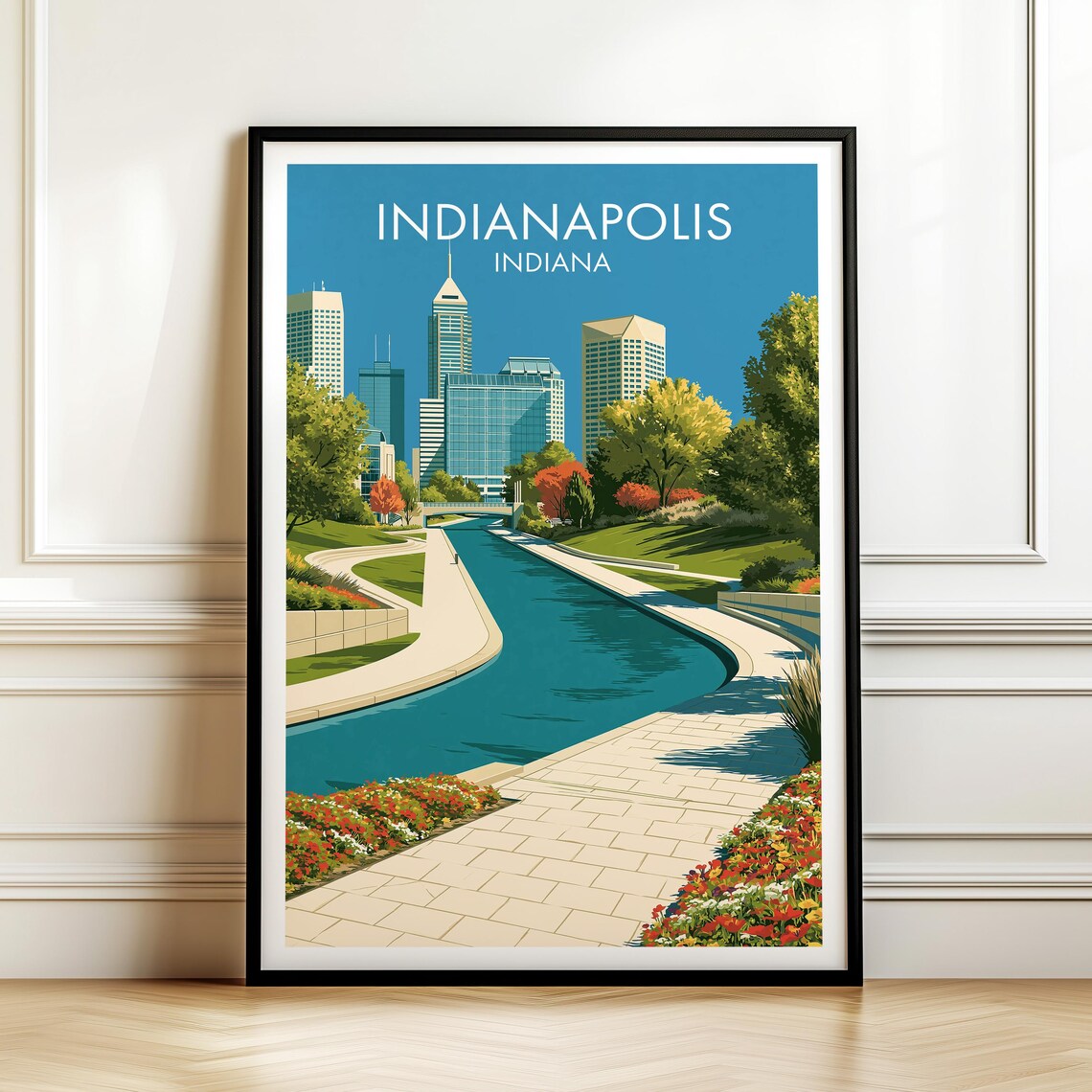Indianapolis Indiana Canal Skyline Downtown Vintage Travel Poster