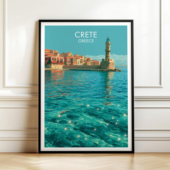 Chania Harbor Crete Greece Travel Poster Vintage Cityscape Wall Art Print