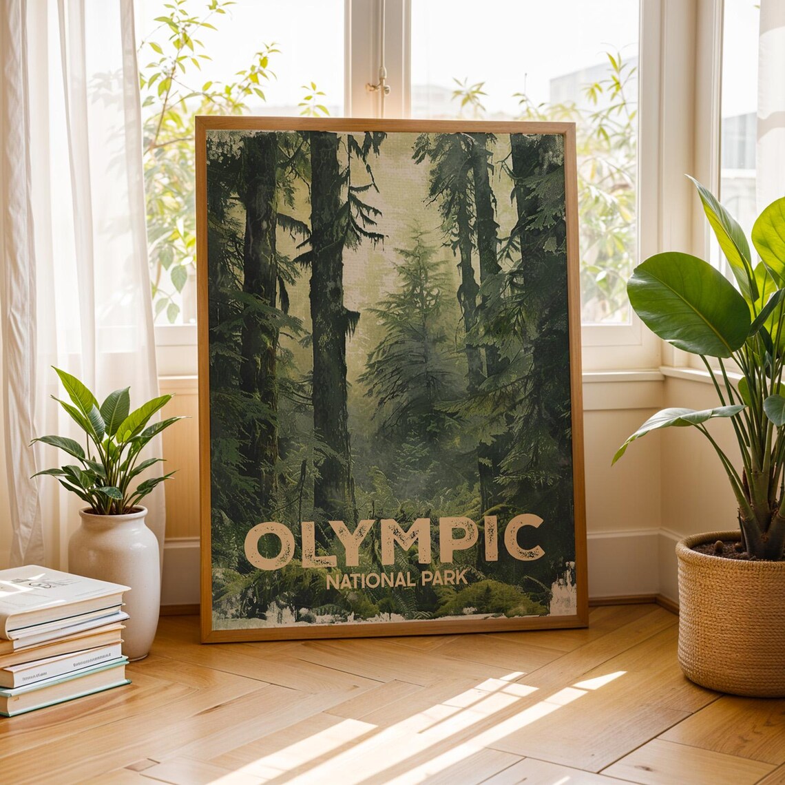 Olympic National Park Poster Vintage Evergreen Forest Travel Scenic Art