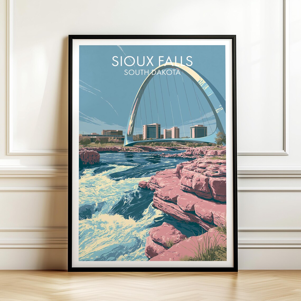 Sioux Falls South Dakota Falls Bridge Vintage Travel Poster Art